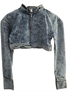 PrettyLittleThing Cropped Acid-Wash Denim Jacket - Blue Gray